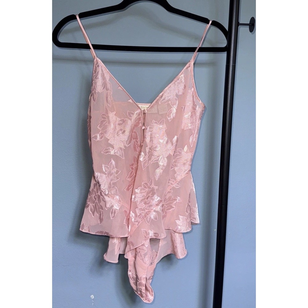 Vtg Victoria's Secret Gold Label Pink Burnout Teddy Lingerie Thong 90s Sheer S *